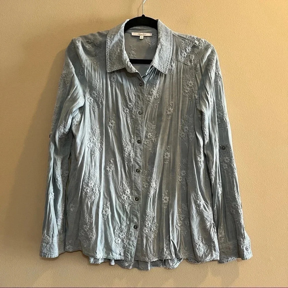 MISS ME Size Small Roll-tab Floral Embroidered BOHO Button Shirt Ruffled Blue - Picture 1 of 10